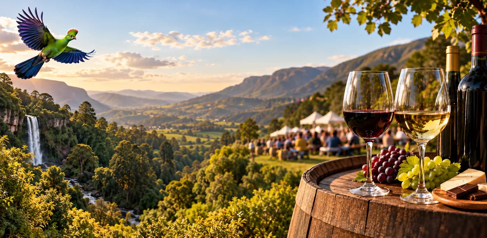 Wine glasses overlooking the Hogsback mountain landscape