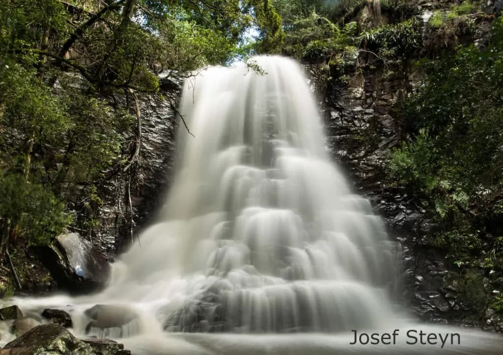 A broad waterfall flowing through the Hogsback forest