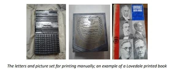 Hand-set printing type, a printing plate and a Lovedale book