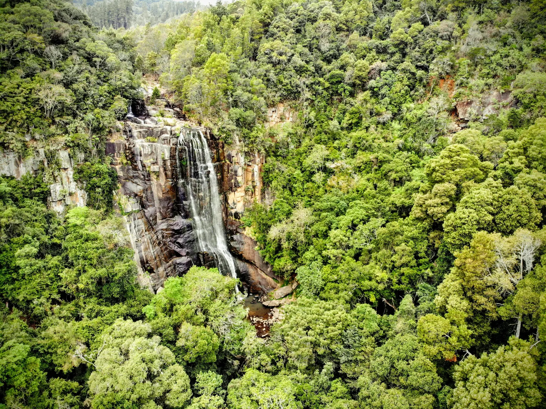 An aerial view of Madonna and Child Waterfall in the surrounding Hogsback forest
